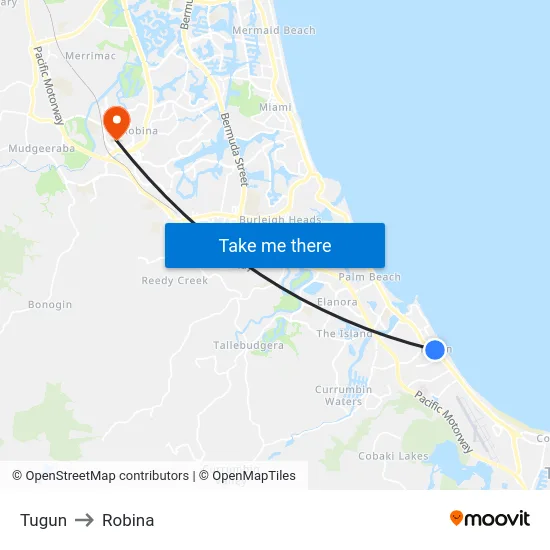 Tugun to Robina map