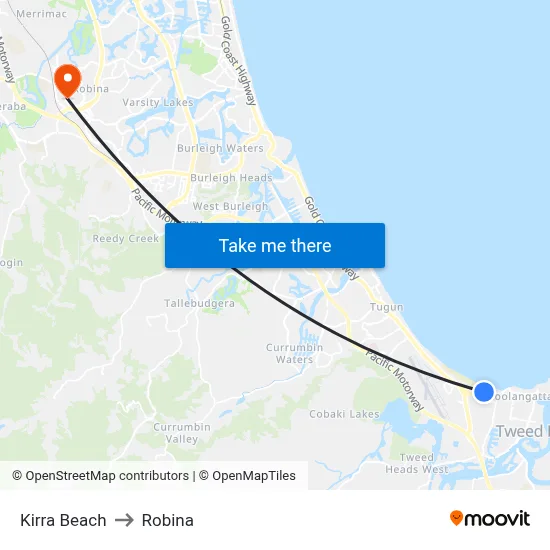 Kirra Beach to Robina map