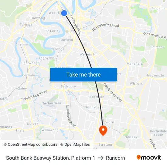 South Bank Busway Station, Platform 1 to Runcorn map