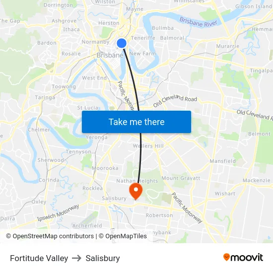 Fortitude Valley to Salisbury map