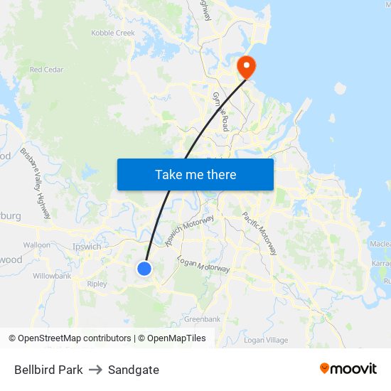 Bellbird Park to Sandgate map