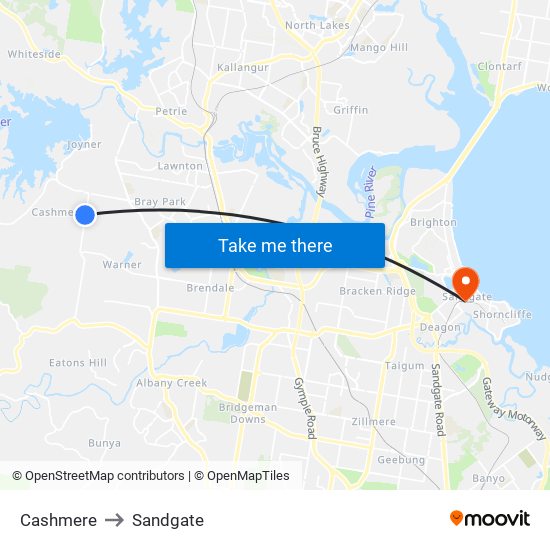 Cashmere to Sandgate map