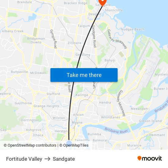 Fortitude Valley to Sandgate map