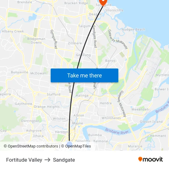 Fortitude Valley to Sandgate map