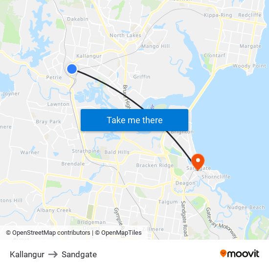 Kallangur to Sandgate map