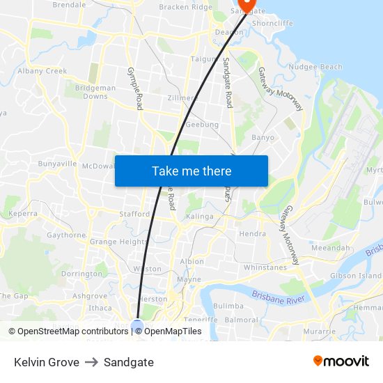 Kelvin Grove to Sandgate map