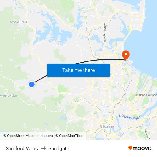 Samford Valley to Sandgate map