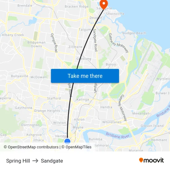Spring Hill to Sandgate map