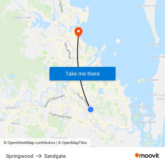 Springwood to Sandgate map