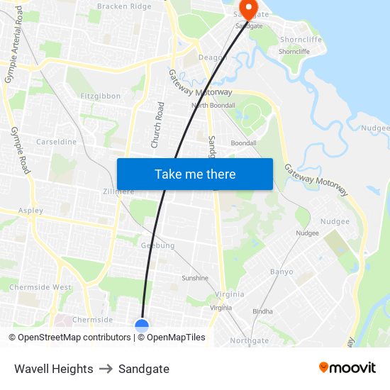 Wavell Heights to Sandgate map