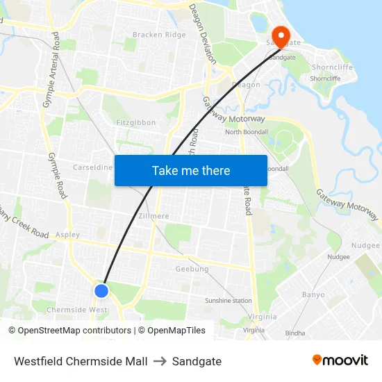 Westfield Chermside Mall to Sandgate map