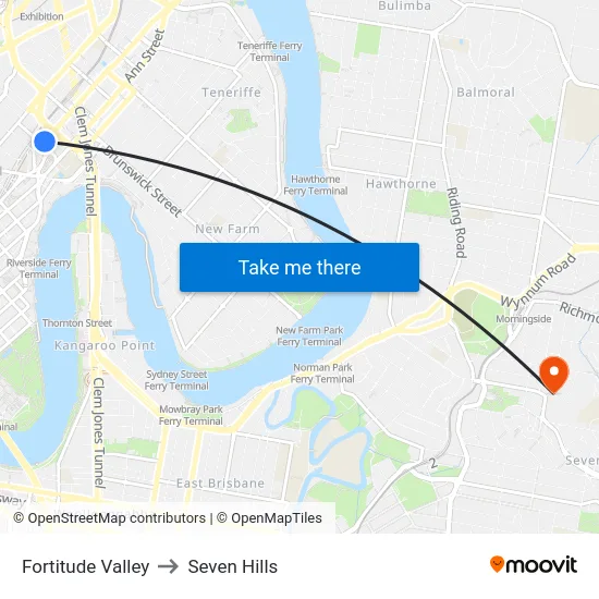 Fortitude Valley to Seven Hills map