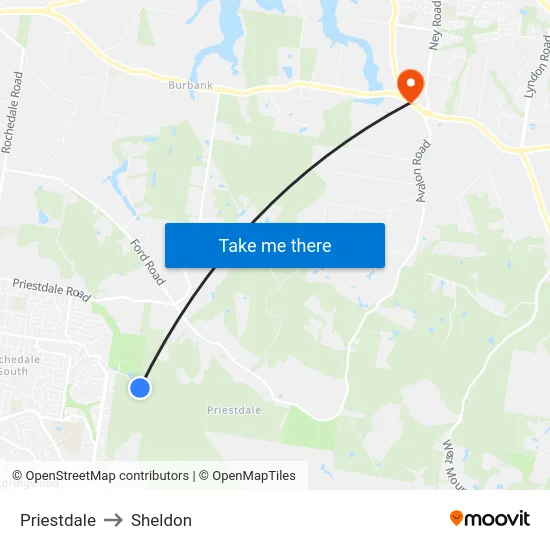 Priestdale to Sheldon map