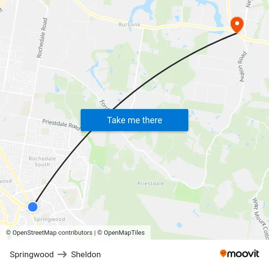 Springwood to Sheldon map