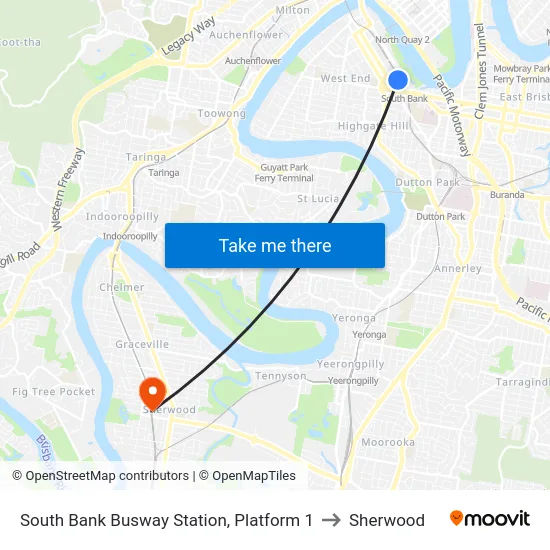South Bank Busway Station, Platform 5 to Sherwood map