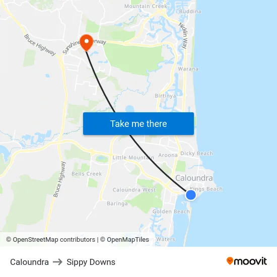 Caloundra to Sippy Downs map