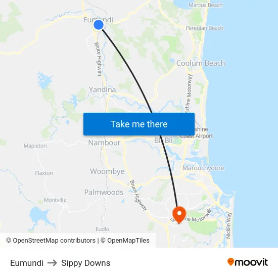 Eumundi to Sippy Downs map