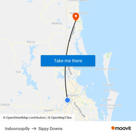 Indooroopilly to Sippy Downs map