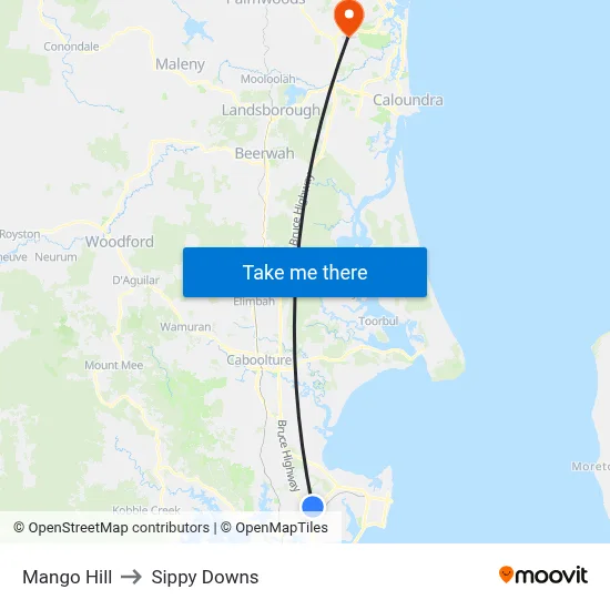Mango Hill to Sippy Downs map