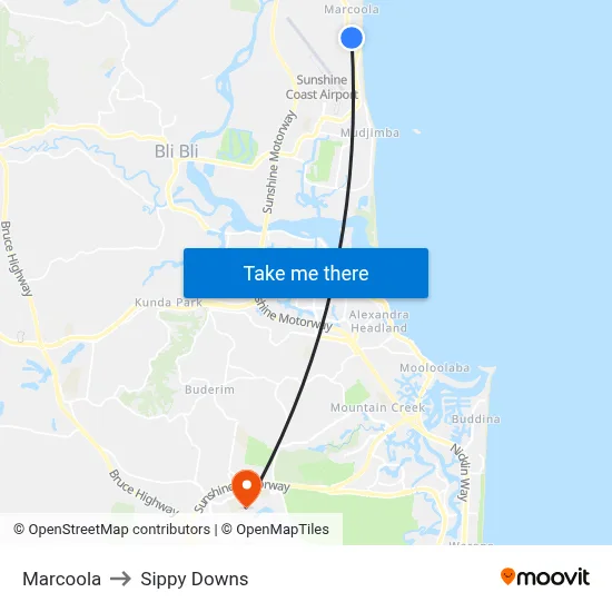 Marcoola to Sippy Downs map