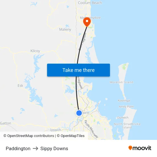 Paddington to Sippy Downs map