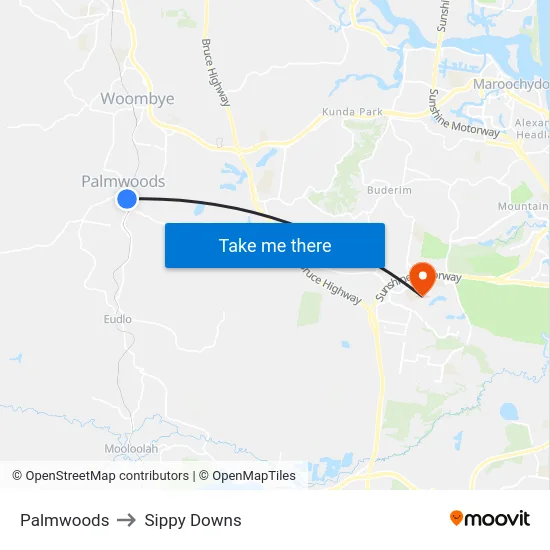 Palmwoods to Sippy Downs map