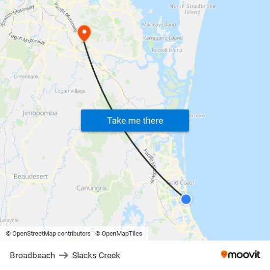 Broadbeach to Slacks Creek map