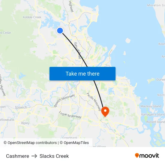 Cashmere to Slacks Creek map