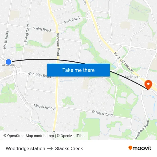 Woodridge station to Slacks Creek map