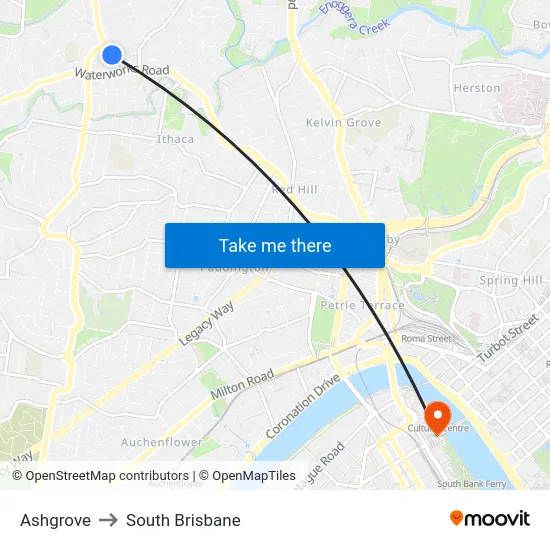 Ashgrove to South Brisbane map