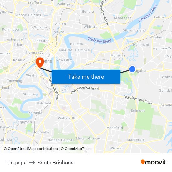 Tingalpa to South Brisbane map