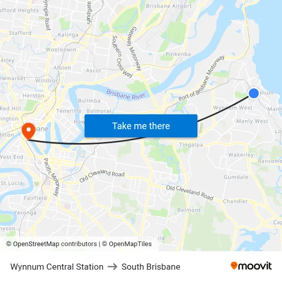 Wynnum Central Station to South Brisbane map