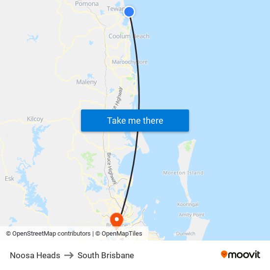 Noosa Heads to South Brisbane map