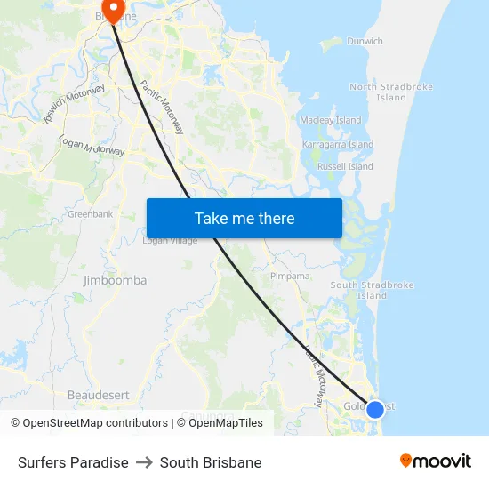 Surfers Paradise to South Brisbane map