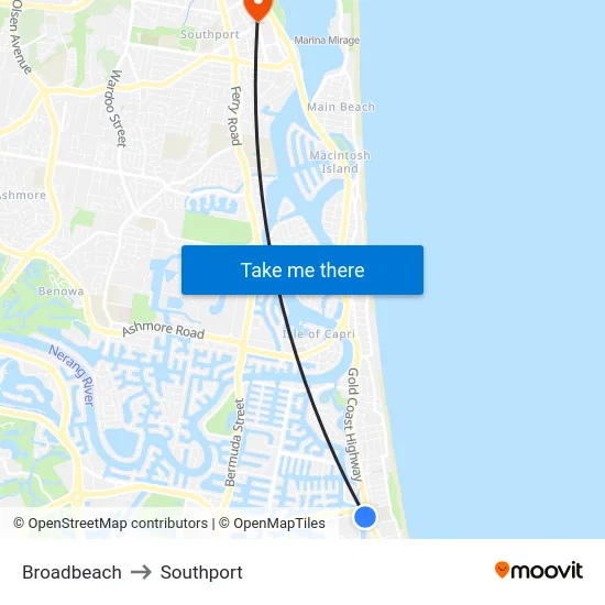 Broadbeach to Southport map