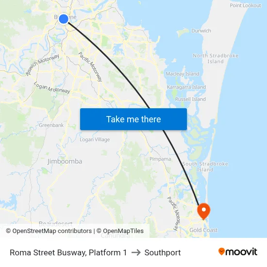 Roma Street Busway, Platform 1 to Southport map