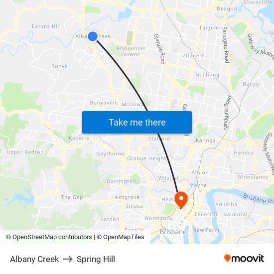 Albany Creek to Spring Hill map