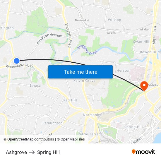 Ashgrove to Spring Hill map