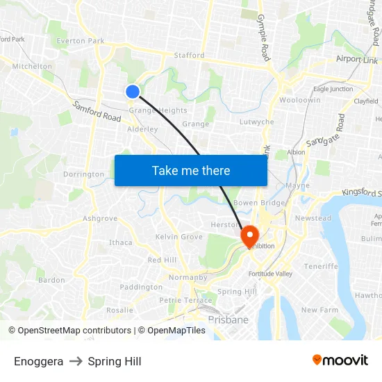 Enoggera to Spring Hill map