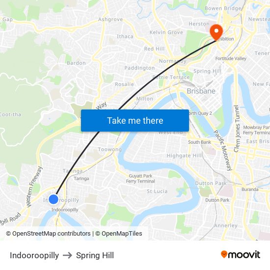 Indooroopilly to Spring Hill map