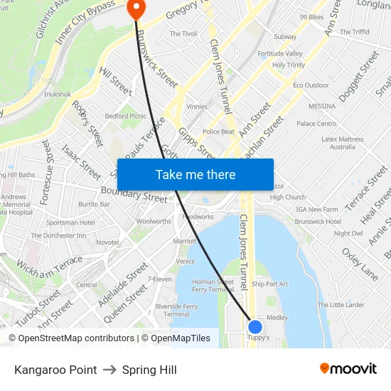 Kangaroo Point to Spring Hill map