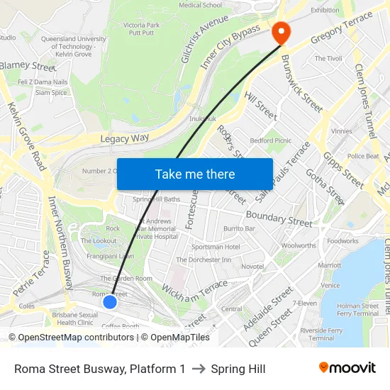 Roma Street Busway, Platform 1 to Spring Hill map
