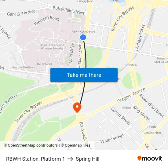 RBWH Station, Platform 1 to Spring Hill map