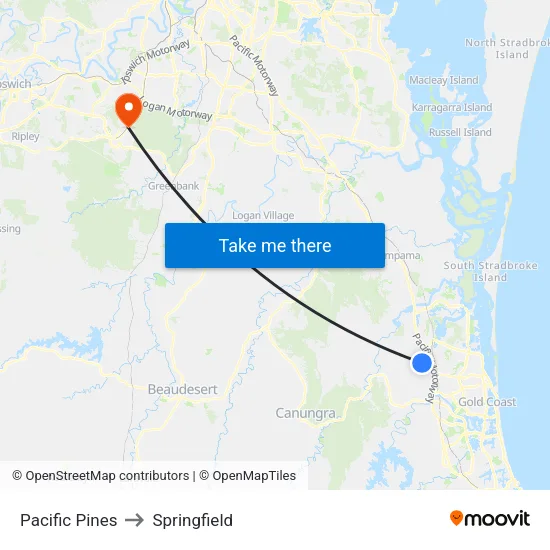 Pacific Pines to Springfield map