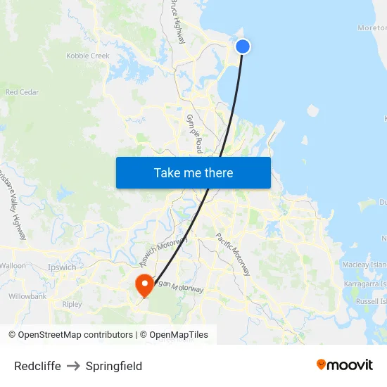 Redcliffe to Springfield map