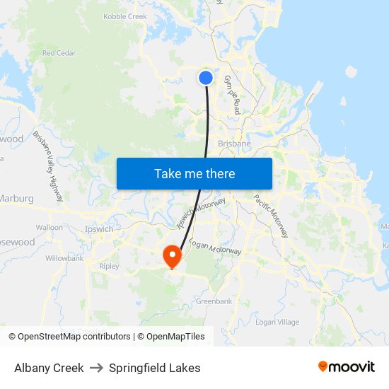 Albany Creek to Springfield Lakes map