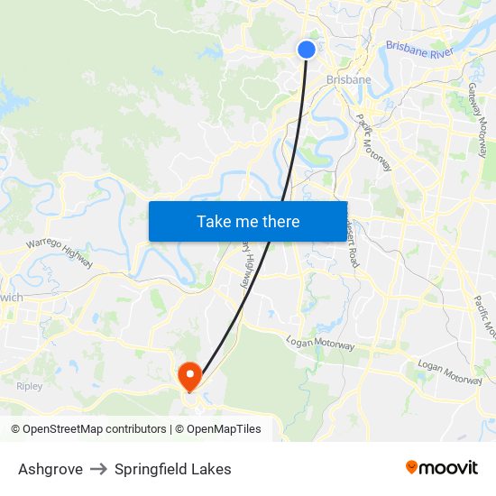Ashgrove to Springfield Lakes map