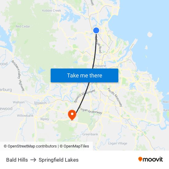 Bald Hills to Springfield Lakes map
