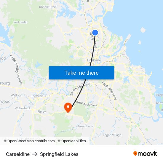 Carseldine to Springfield Lakes map