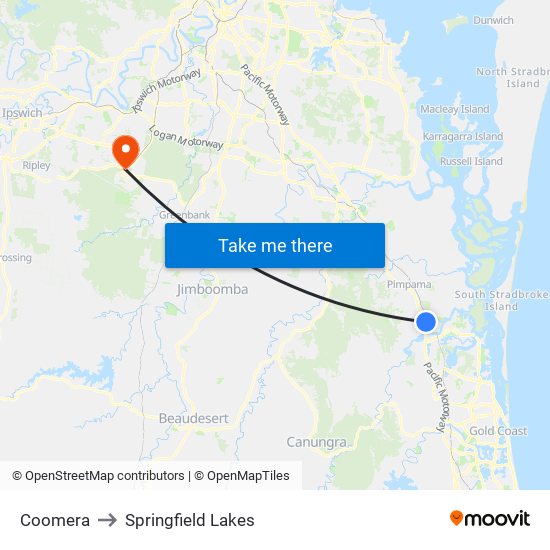 Coomera to Springfield Lakes map